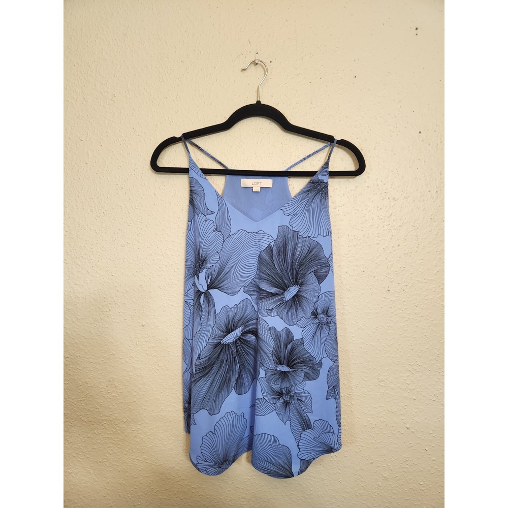 LOFT Womens Small Blue Floral Camisole V-Neck T-Back Sleeveless Blouse Top
